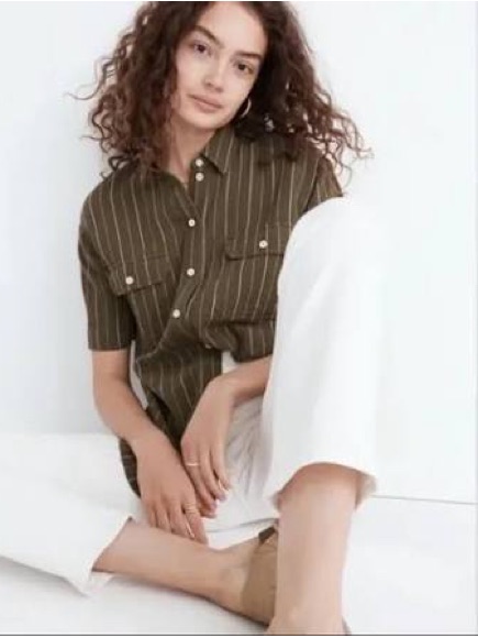Madewell Cotton Olive Green Pinstripe Short Sleeve Button-Up Shirt, Size Small